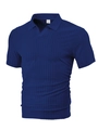 Dark blue men's short sleeve knit polo shirt featuring vertical ribbed texture and V-neck - S / Navy Blue