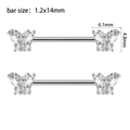 Silver butterfly nipple ring with clear zircon crystals and 1.2x14mm barbell - Style 1-Butterfly