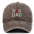 Detailed embroidery of DOG DAD text and red paw print on washed cotton baseball cap - Coffee