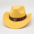 Detail of yellow felt cowboy hat with leather band and silver star sheriff badge - One Size / Yellow