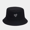 Fashionable black cotton bucket hat with white heart embroidery and flat top design - M (56-58cm) / Black