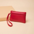 Mini porte-monnaie rouge en cuir grainé avec double fermeture éclair et dragonne - 12.5cm*8cm / Rouge
