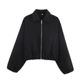 Fashionable black zip-up puffy jacket for women with lapel collar and elasticated hem - S / Black