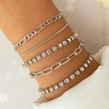 Ensemble de 5 bracelets argentés superposés avec chaînes Figaro et liens en strass - HS596-19 Argent Strass Ensemble 5pcs