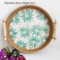 Handwoven 24cm round rattan tray with light wood handles and green floral pattern bottom - Green Flower / Medium 24x3cm
