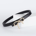 Slim black lychee pattern PU leather belt for women featuring a gold bow buckle - Black