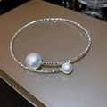 Silver bead choker necklace featuring two white pearls on a minimalist open design - Silver Crushed Silver Pearl Necklace (10#)