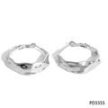 Polished silver stainless steel C-shape earrings with irregular wavy texture - Silver (PD3355)