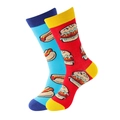 Funny mismatched crew socks with colorful cartoon hamburger and hot dog patterns - One Size / Hotdog Burger Style (A1142) / Blue and Red Contrast