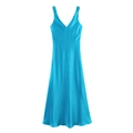 Elegant sky blue satin maxi dress with V-neck and wide straps in professional flat lay - XS / Lake Blue