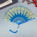 Chinese style blue folding fan with gold floral embroidery and matching tassel - With Large Tassel / Sky Blue