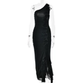Slim fit black one-shoulder long dress with ruffle trim and side slit on white background - S / Standard / Black