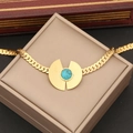 Close-up of golden flat snake chain necklace with round turquoise sunburst pendant - 1# Necklace