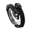 Matte black titanium steel wire cable bracelet with skull head accents in gothic style - Black