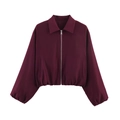 Women's burgundy zip-up bomber jacket with a pleated hem and casual short style - Burgundy