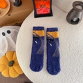 Close-up of blue coral fleece Halloween socks with pumpkin and ghost themed decor - One Size / Home Deep Blue Style