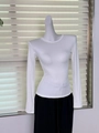 Detail of white modal elastic long sleeve t-shirt with padded shoulders on a mannequin - XS / White Non-fleece (Slightly Sheer)