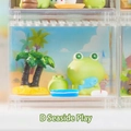 Capybara frog beach theme desk ornament with blue fish and palm tree in display case - 1188-29D Playing by the Sea