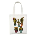 Bolso de lona blanca con seis ilustraciones de cactus coloridos en maceta al frente - Estilo de Cactus en Maceta (STD27-A)