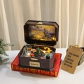 Vintage Christmas suitcase music box with rotating scene, LED lights and miniature figures - Rotating Train Music Box