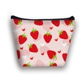 Pink cosmetic bag with red strawberry and heart patterns featuring a black zipper - Strawberry Heart