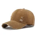 Distressed khaki washed denim baseball cap with vintage frayed holes and classic design - Light Coffee