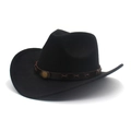 Detail of black wool felt cowboy hat with brown leather band and gold metal hardware - M (56-58cm) / Black (Cowboy Wax Rope)