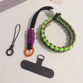 Adjustable braided wrist phone lanyard in purple and neon green with metal ring - Short [Purple & Green & Black] Adjustable Braided Lanyard + Dark Gray Patch + Small String