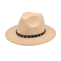 Detail of beige wool fedora hat featuring a black leather band with silver metal rivets - Beige