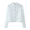 Elegante top in pizzo bianco a maniche lunghe con collo alla coreana e bottoni - S / Bianco