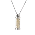 Detail of silver perfume bottle pendant filled with yellow crystals on a delicate chain - Citrine