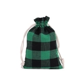 Christmas gift bag with black and green plaid pattern and beige cotton drawstring closure - 10*14cm / Green Plaid