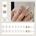 Short square creamy white press-on nails set with champagne glitter and gold rhinestones - Champagne Creamy White Glue Style (Z583)