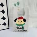 Beige knitted tote bag featuring cartoon dog embroidery and ACML CLOVND lettering - Thinking Dog White