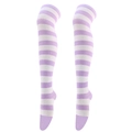 Purple and white striped thigh high stockings for women in high quality cotton blend - White & Light Purple Wide Stripes