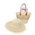 Two-piece summer straw hat and tote bag set with striped woven design in beige tones - Braid Beige Mixed