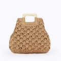 Vintage khaki paper rope woven tote bag with scallop pattern and wooden handle - Brown (Shell Pattern)