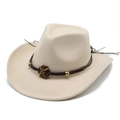 Detail of beige felt cowboy hat featuring braided rope and floral ornament - Beige