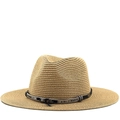 Classic straw fedora hat for sun protection with dark band and metal feather detail - M (56-58cm) / Khaki