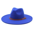 Detail of royal blue wool fedora hat with brown leather band and silver metal buckle - M(56-58cm) / Blue