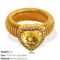 Golden stainless steel heart ring with yellow zircon and ribbed band texture - US Size 6 / Gold with Yellow Zircon