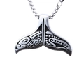 Polished silver Viking whale tail pendant with black tribal carvings on a link chain - Steel Color With Chain (B1209)