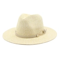 Classic Panama straw hat for women with khaki leather band and gold buckle detail - M(56-58cm) / Beige