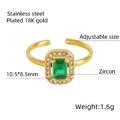 Adjustable 18K gold plated stainless steel ring with a large green zircon stone - Square Style / Green Zirconia