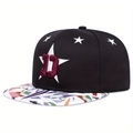 Schwarzes Snapback-Cap mit weißem Stern-Stick und flachem Schirm mit bunten geometrischen Mustern - Verstellbar / Schwarz