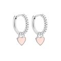 Silver geometric hoop earrings with sparkling zircon pave and pink heart lock charms - Silver - Pink