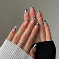 24pcs black and white French press-on nails with irregular spot and line patterns - Bz1549 Curling Autumn Moon / Glue Type