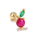 Golden berry stud earring with red round gemstone and green marquise leaf zircon detail - Berries / Gold