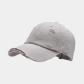 Close-up of distressed details and frayed edges on the gray vintage style baseball cap - Light Gray