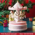 Pink wooden carousel music box Christmas gift with white horses 10x10x16cm size - Pink